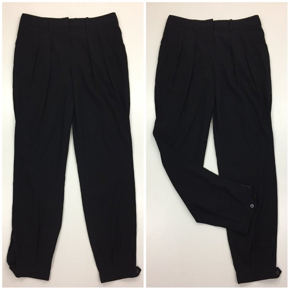 BABATON Black Japanese Fabric Button Hem Pleats Front Tapered Leg Dress Pants